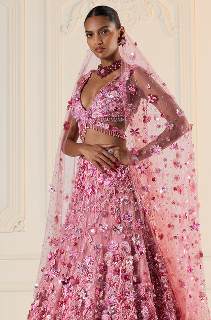 Light Pink Tulle 3D Floral Lehenga Set