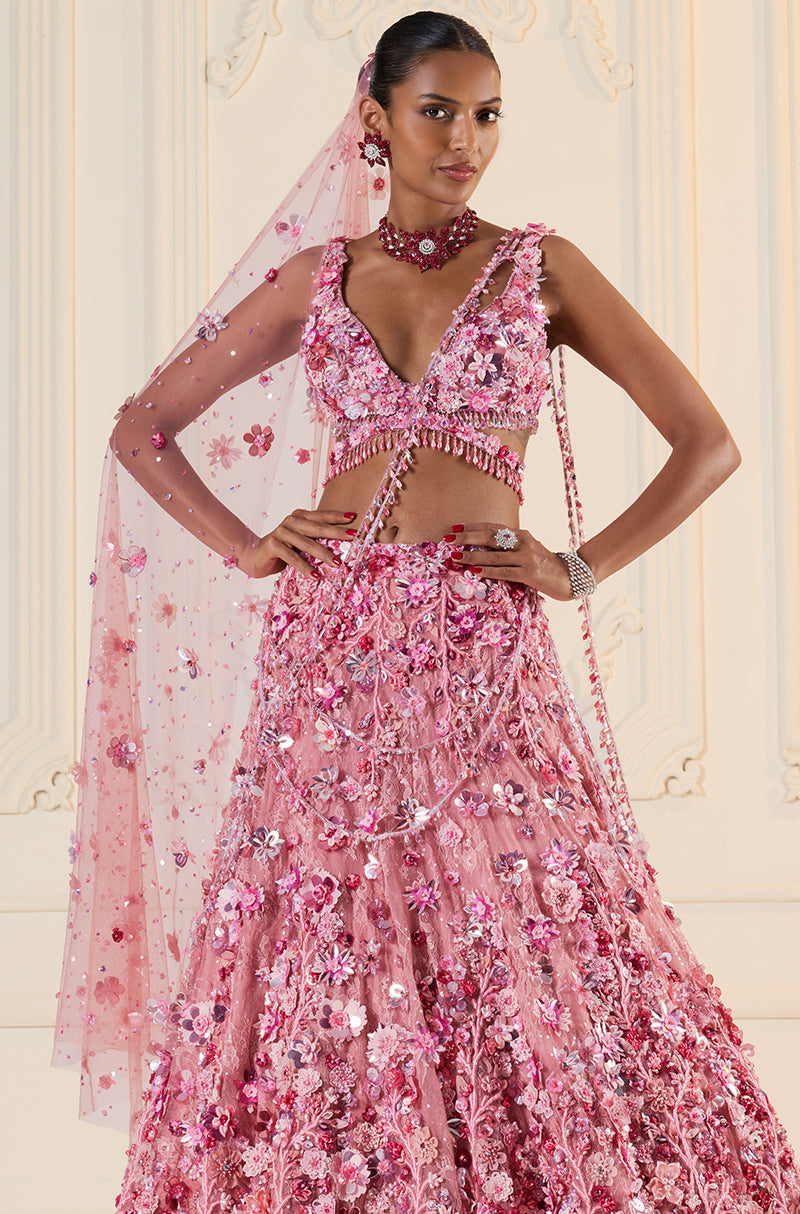 Light Pink Tulle 3D Floral Lehenga Set
