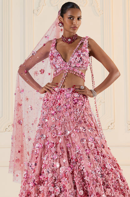 Light Pink Tulle 3D Floral Lehenga Set
