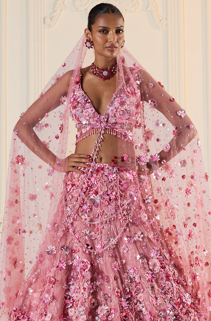 Light Pink Tulle 3D Floral Lehenga Set