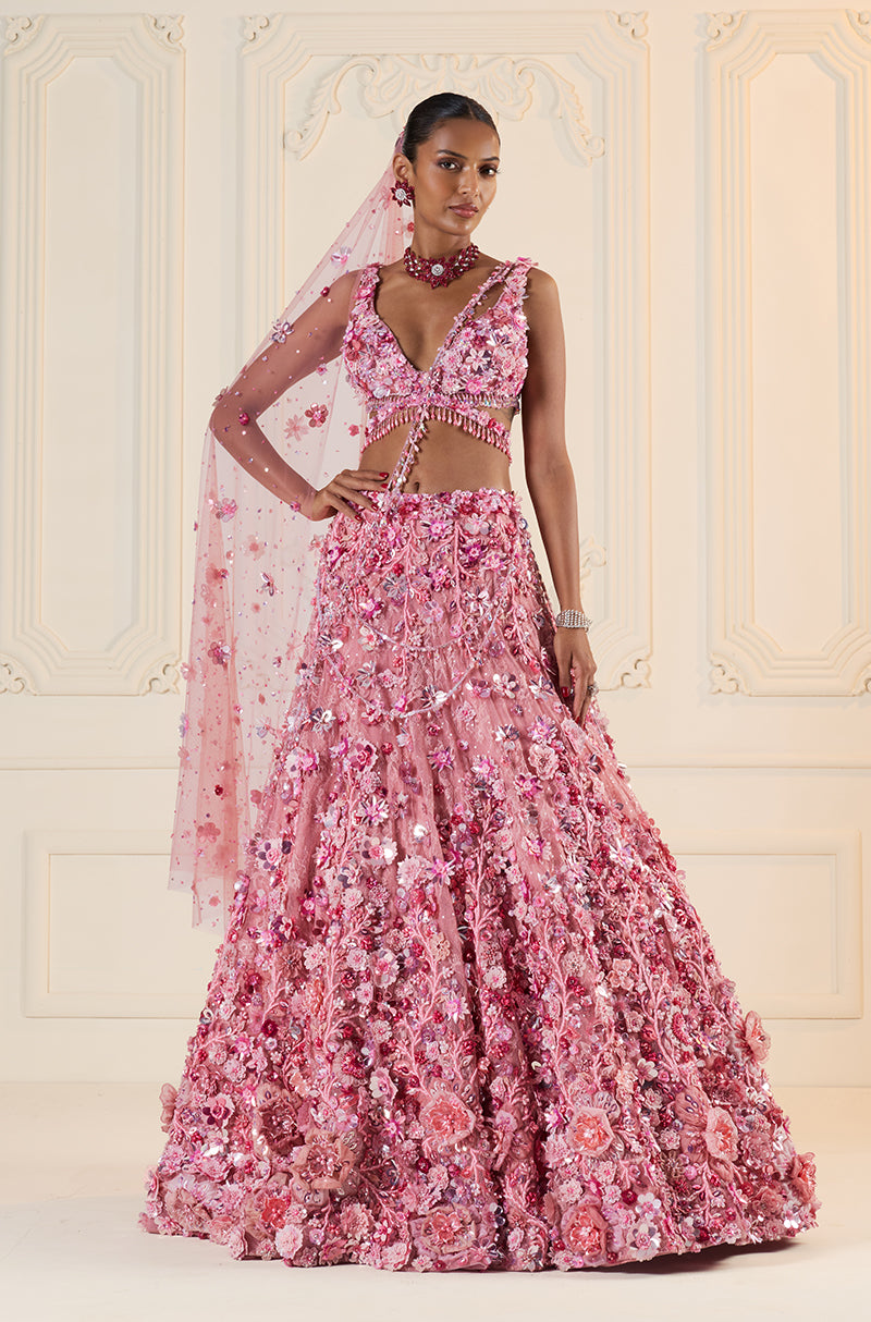 Light Pink Tulle 3D Floral Lehenga Set