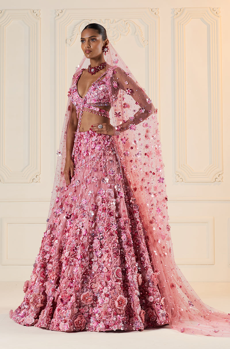 Light Pink Tulle 3D Floral Lehenga Set