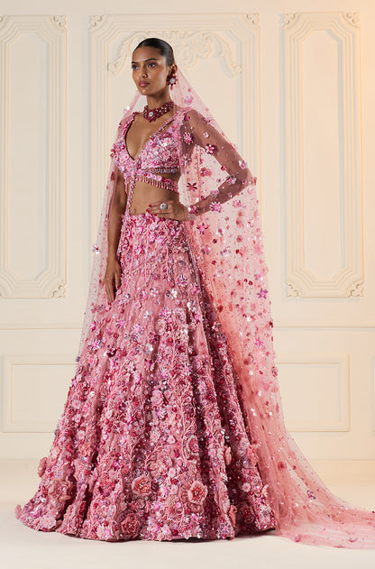 Light Pink Tulle 3D Floral Lehenga Set