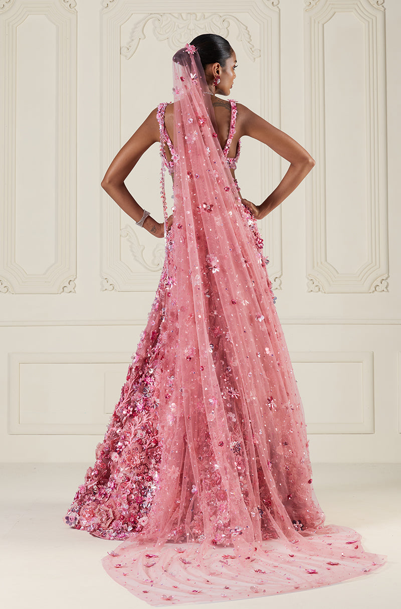 Light Pink Tulle 3D Floral Lehenga Set
