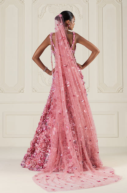 Light Pink Tulle 3D Floral Lehenga Set