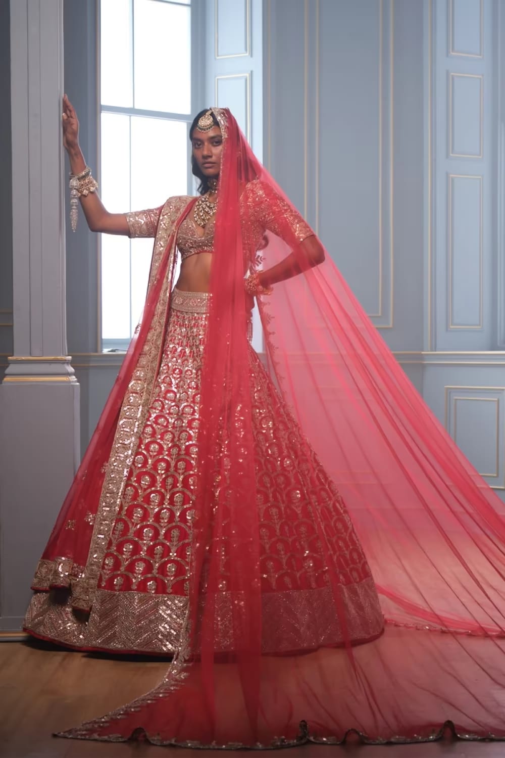 Bright Red Scallop Embroidered Lehenga Set