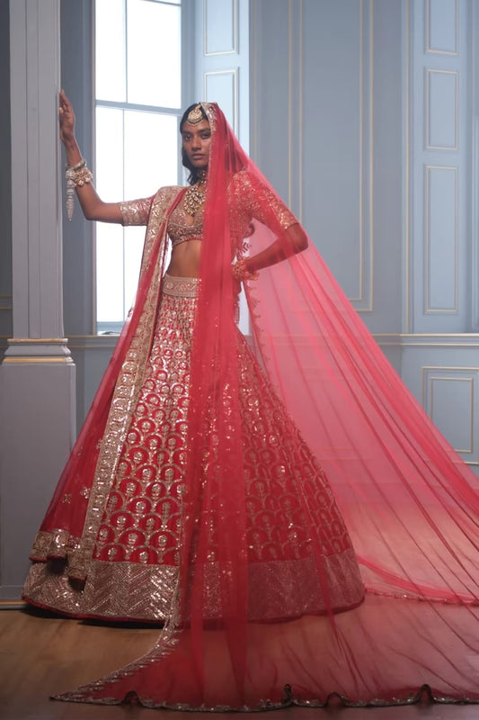 Bright Red Scallop Embroidered Lehenga Set