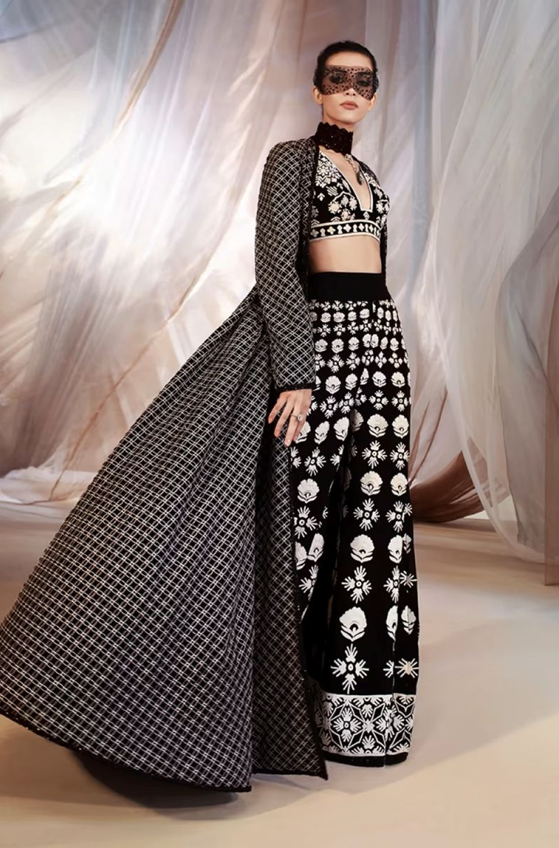 Black and Ivory Embroidered Sharara Jacket Set