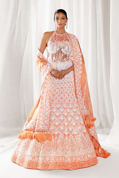Ivory & Peach Mijwan Embroidered Lehenga Set