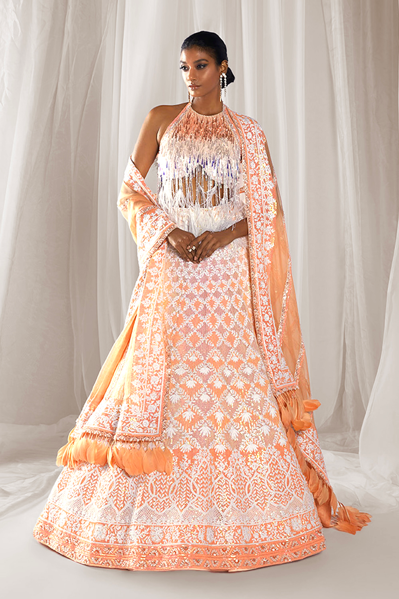 Ivory & Peach Mijwan Embroidered Lehenga Set