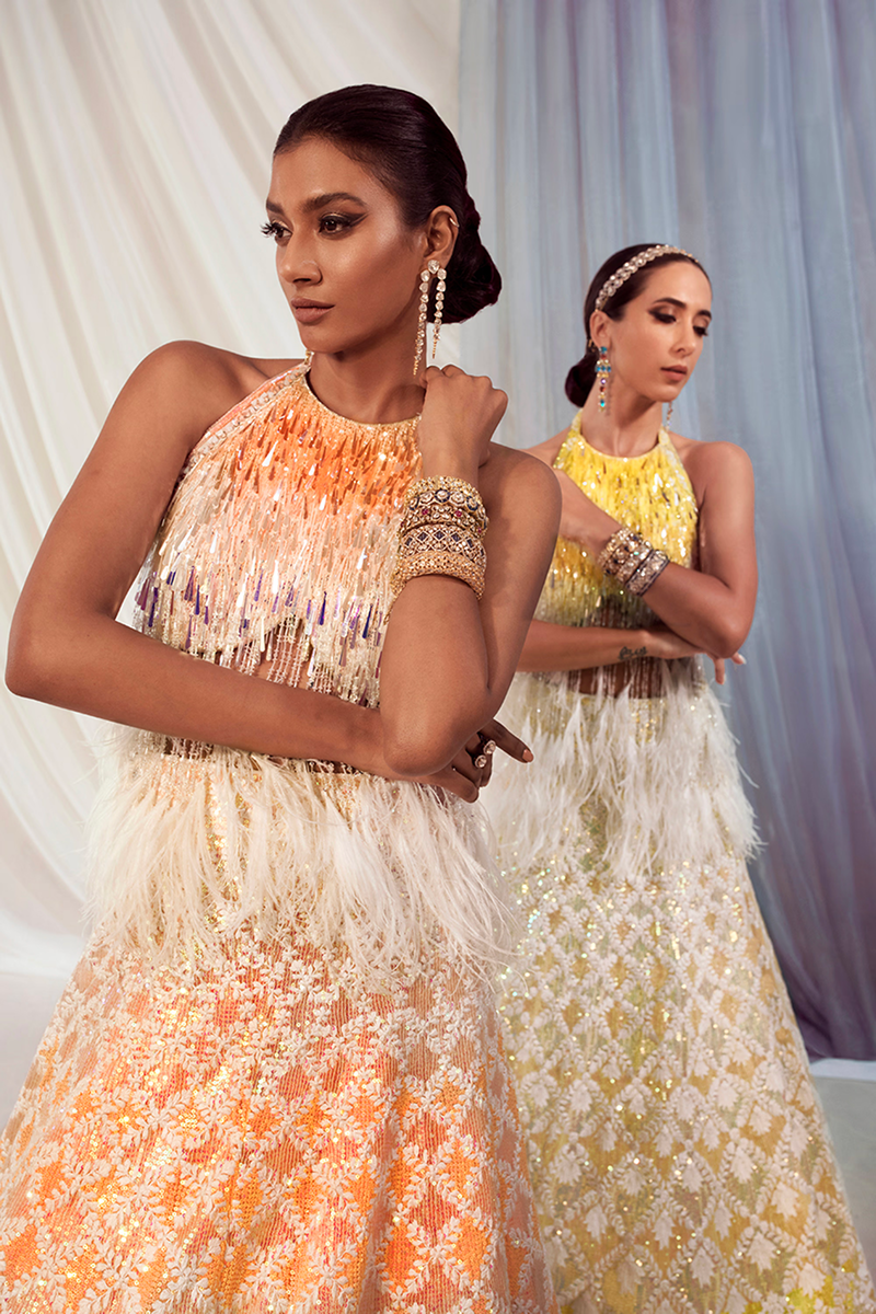 Ivory & Peach Mijwan Embroidered Lehenga Set