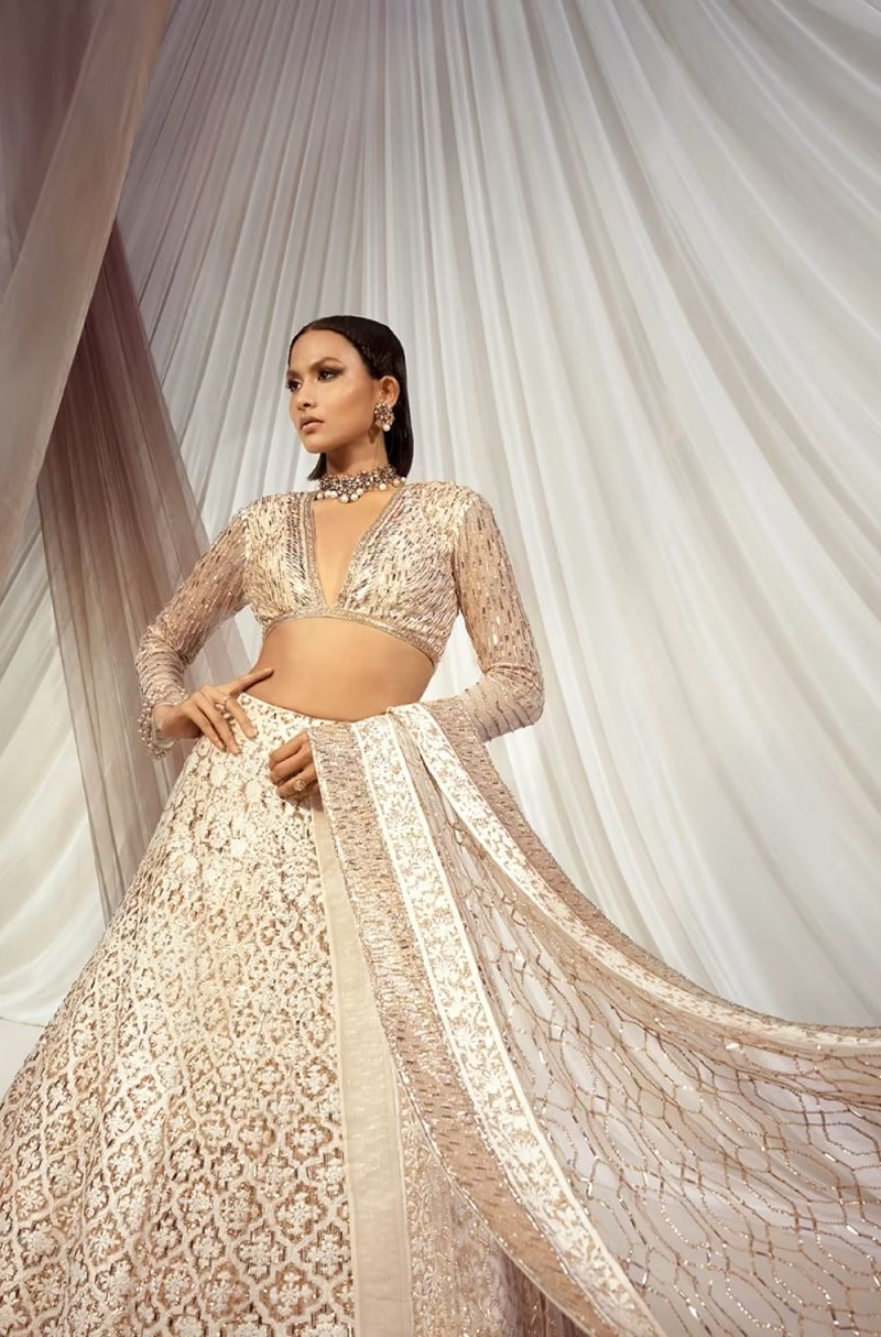 Champagne Ivory Mijwan Embroidered Lehenga Set