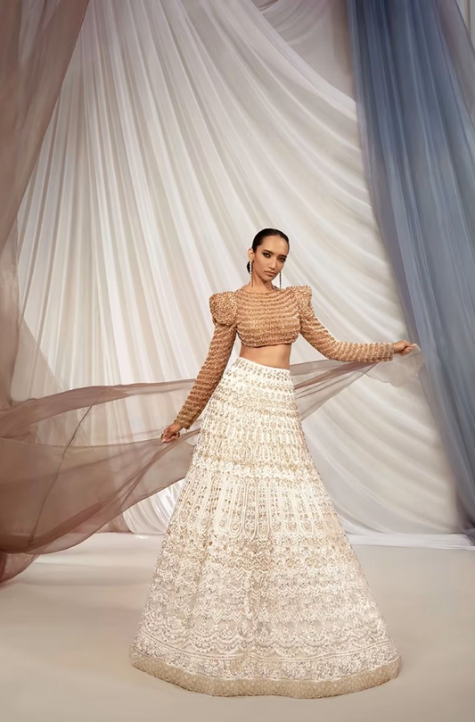 Ivory Champagne Gold Chikankari Mijwan Lehenga Set