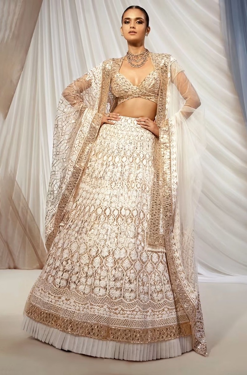 Rose Gold Ivory Chikankari Mijwan Lehenga Set