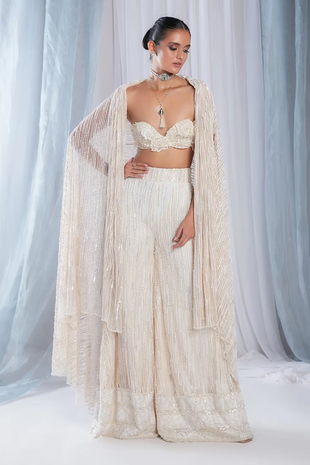 Ivory Sequins & Pearl Embellished Palazzo Set