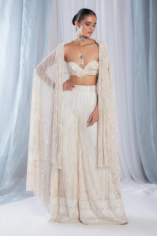 Ivory Sequins & Pearl Embellished Palazzo Set