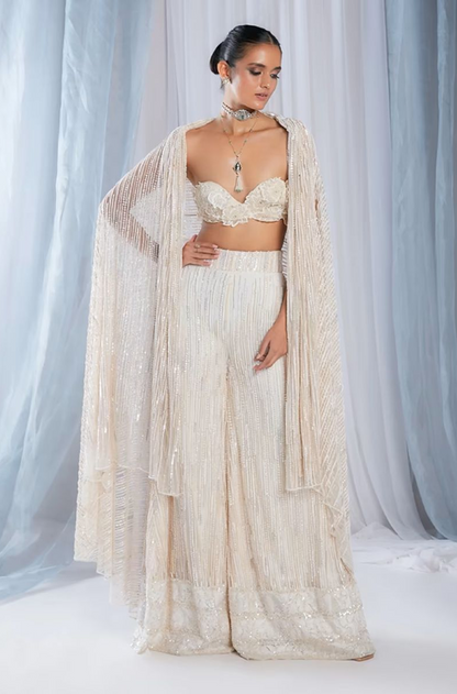 Ivory Sequins & Pearl Embellished Palazzo Set