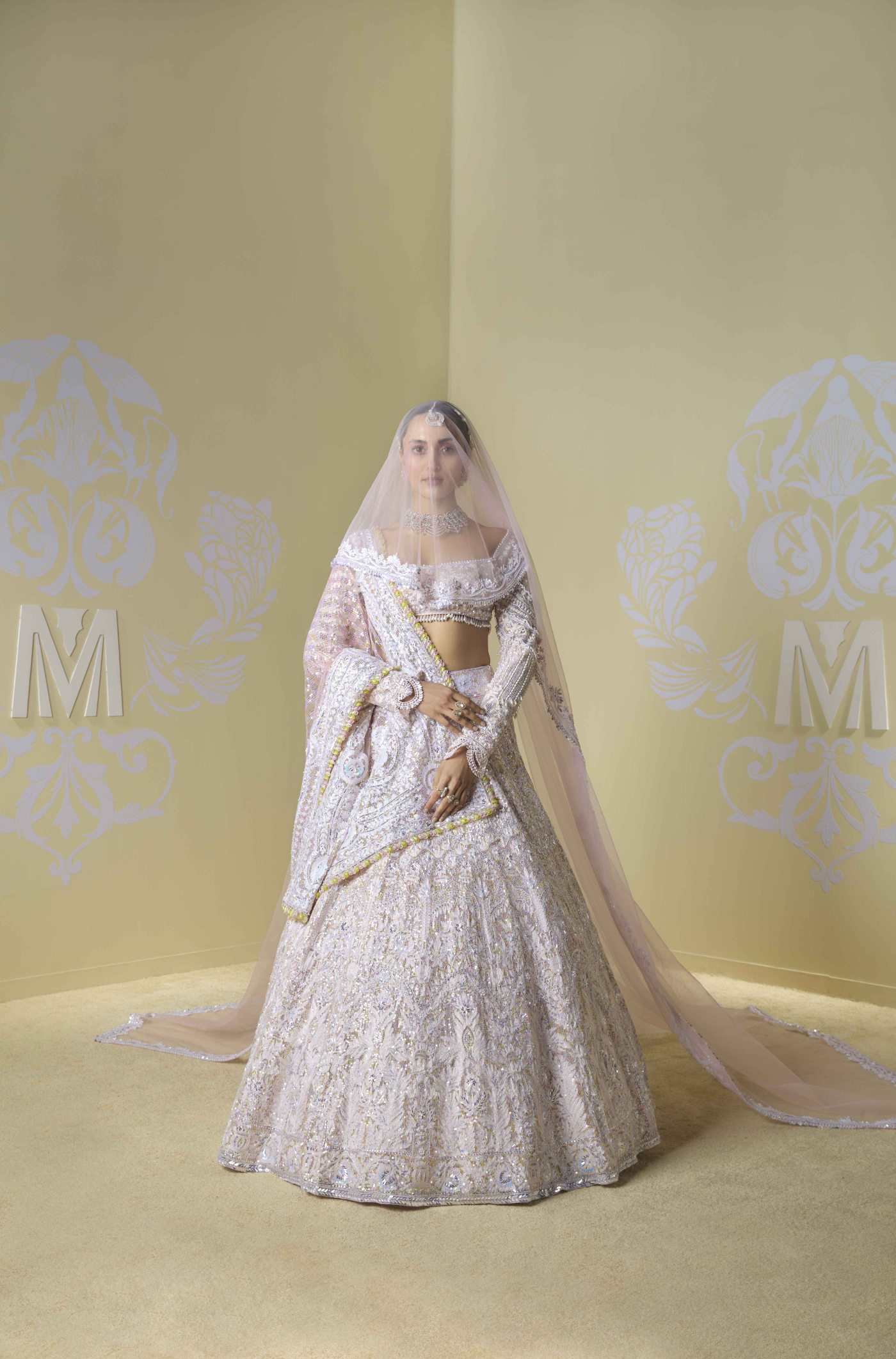 Peach Multicoloured Sequins Kashmiri Lehenga Set