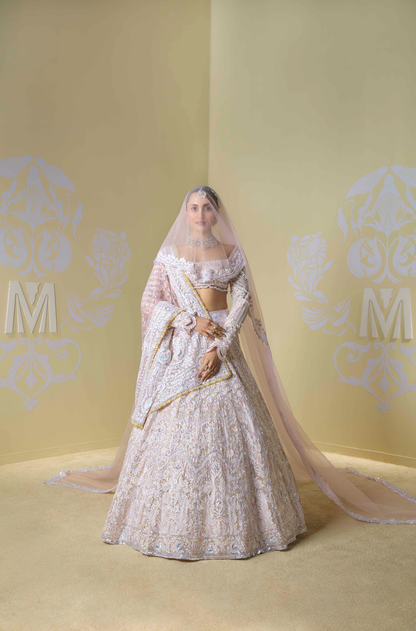 Peach Multicoloured Sequins Kashmiri Lehenga Set