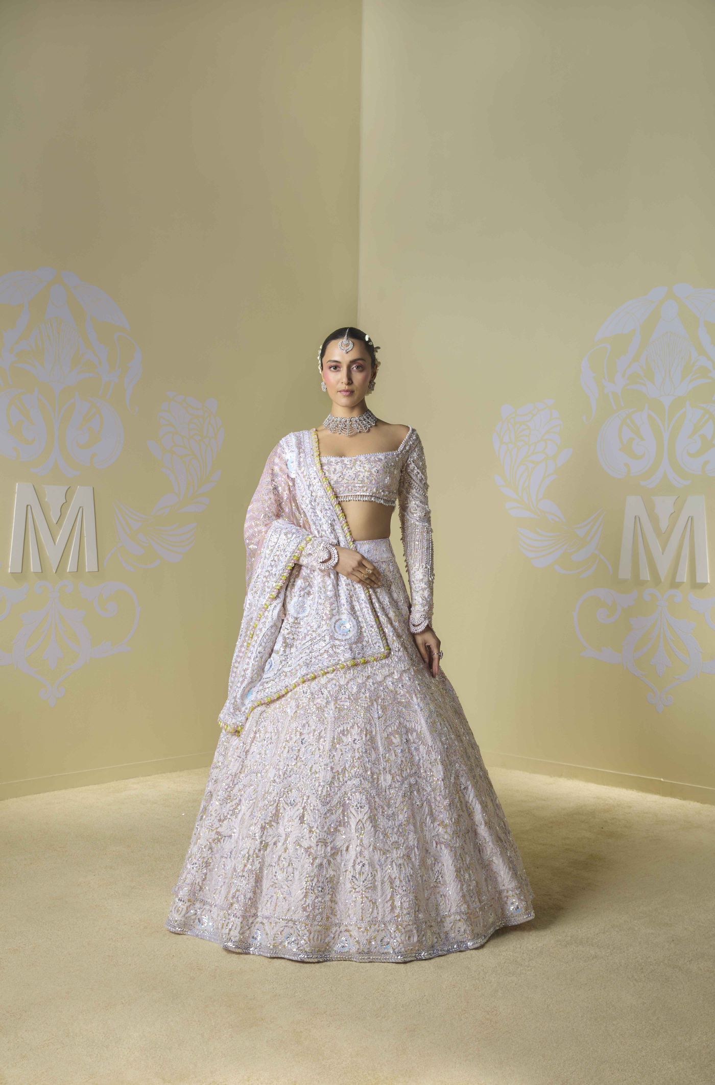 Peach Multicoloured Sequins Kashmiri Lehenga Set