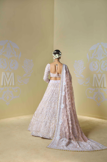 Peach Multicoloured Sequins Kashmiri Lehenga Set
