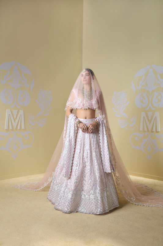 Blush Pink and Ivory Floral Embroidered Lehenga Set