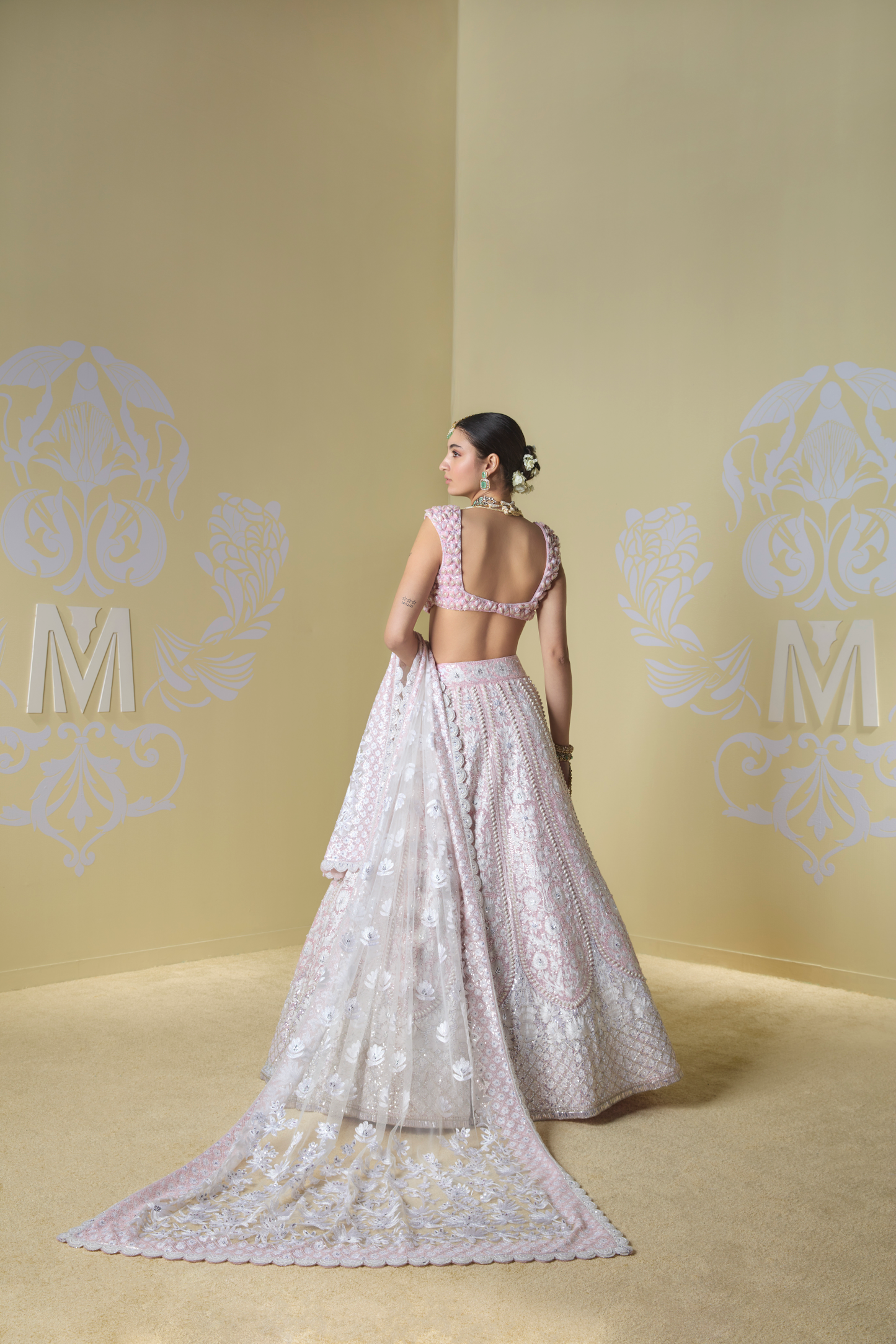 Blush Pink and Ivory Floral Embroidered Lehenga Set