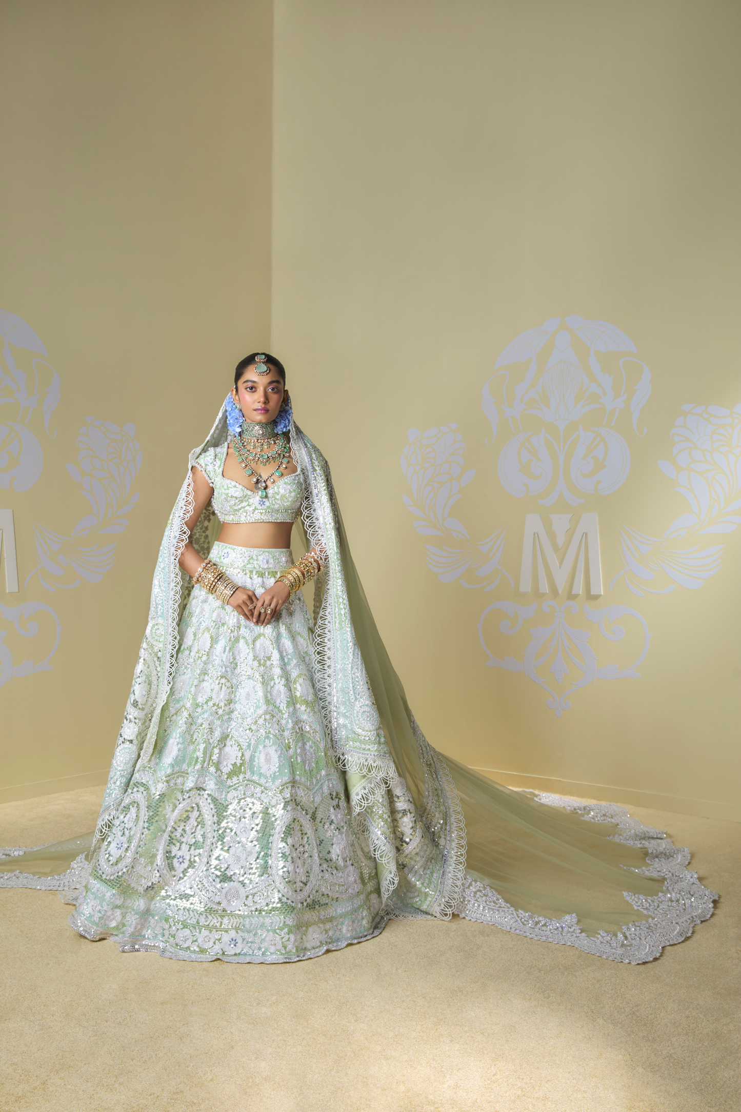 Shades of Green & Ivory Kashmiri Embroidered Lehenga Set