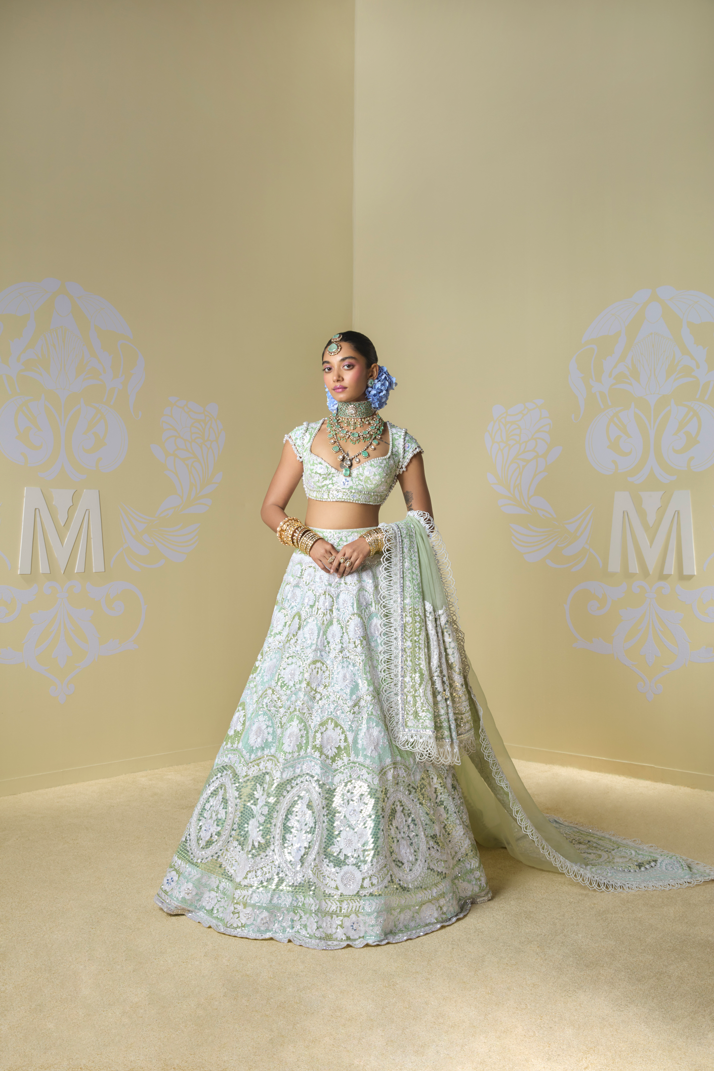Shades of Green & Ivory Kashmiri Embroidered Lehenga Set