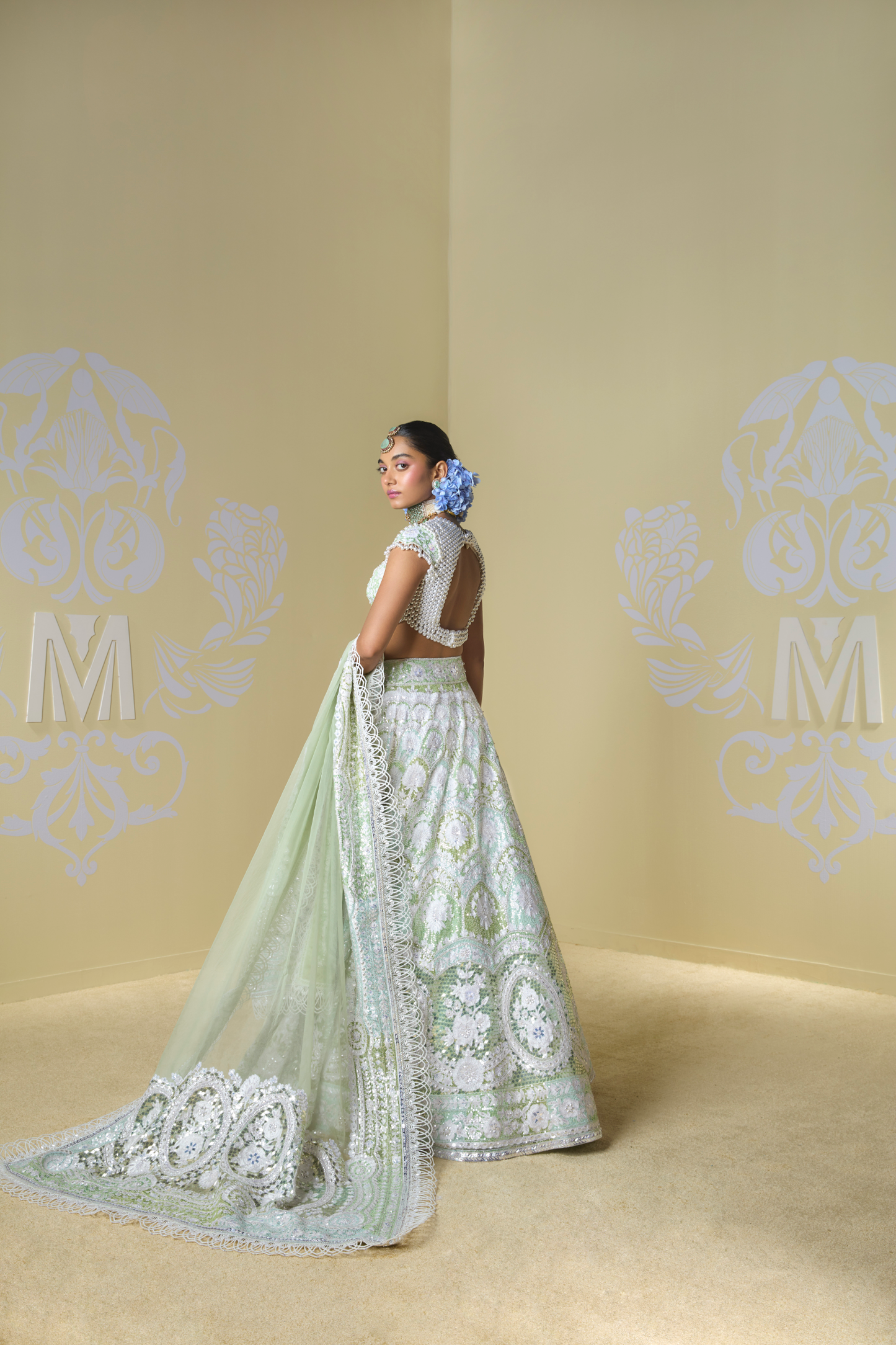 Shades of Green & Ivory Kashmiri Embroidered Lehenga Set