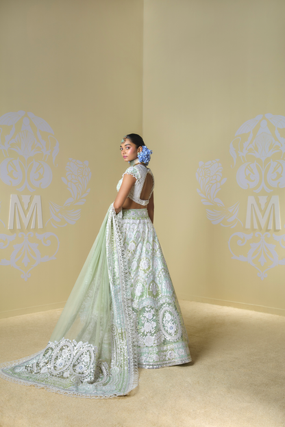 Shades of Green & Ivory Kashmiri Embroidered Lehenga Set