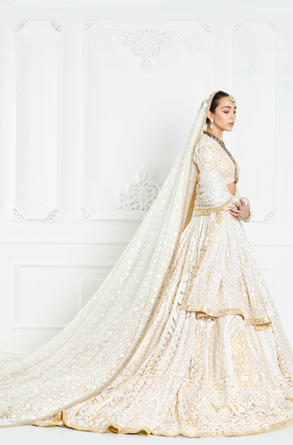 Ivory and Gold Kashmiri Embroidered Trailing Lehenga Set