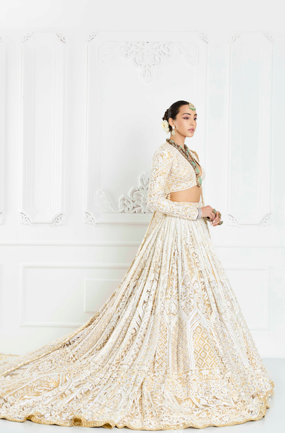 Ivory and Gold Kashmiri Embroidered Trailing Lehenga Set