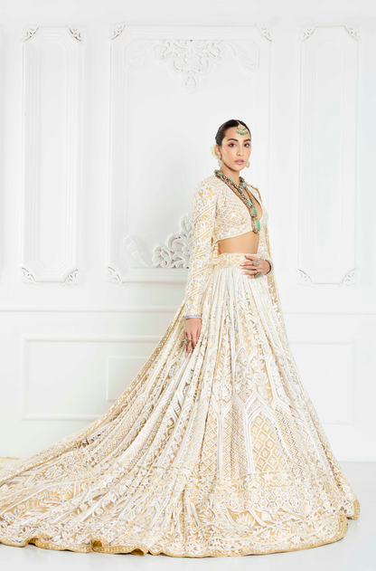 Ivory and Gold Kashmiri Embroidered Trailing Lehenga Set