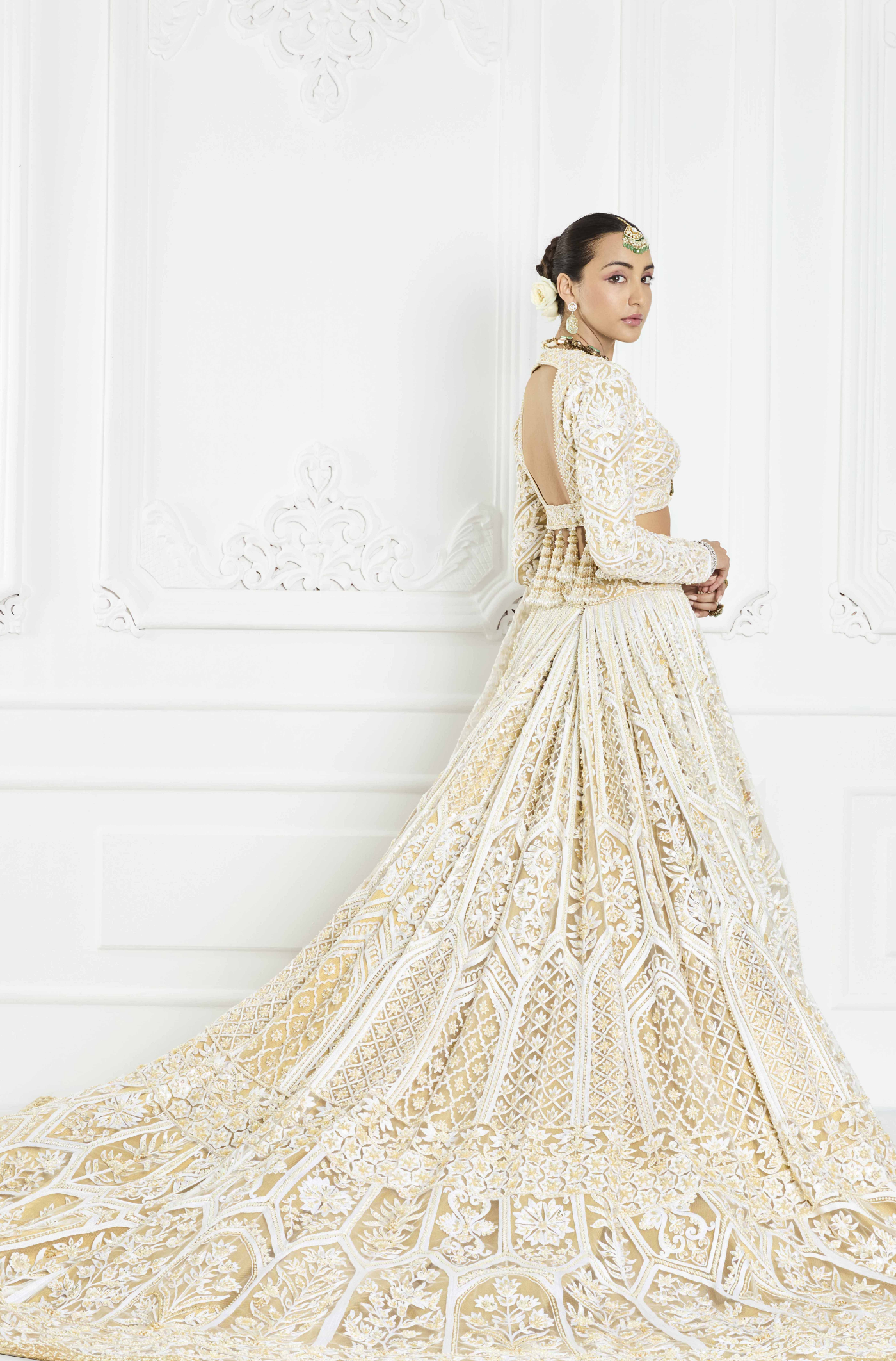 Ivory and Gold Kashmiri Embroidered Trailing Lehenga Set