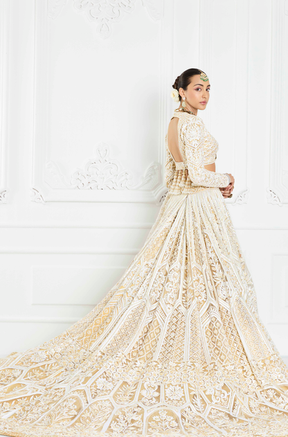 Ivory and Gold Kashmiri Embroidered Trailing Lehenga Set