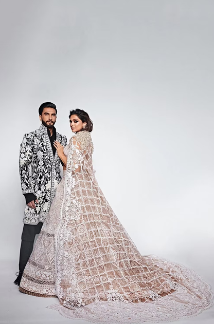 Deepika Padukone in our Beige Mijwan Embroidered Lehenga Set