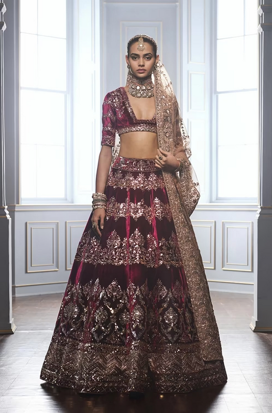Deep Wine Velvet Badla Lehenga Set