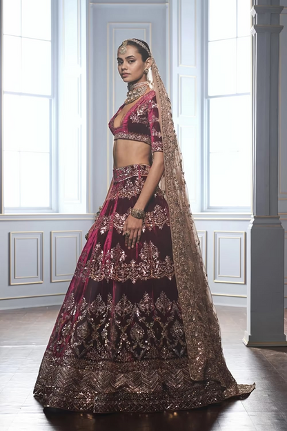 Deep Wine Velvet Badla Lehenga Set