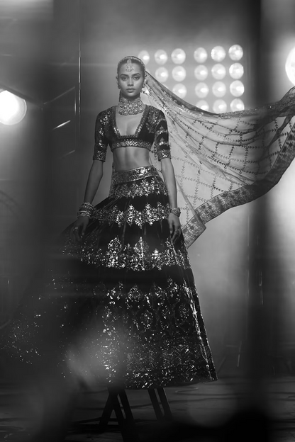 Deep Wine Velvet Badla Lehenga Set