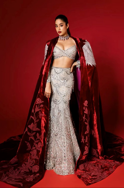 Janhvi Kapoor in our Velvet Cape Champagne Fish-cut Embellishments Lehenga Set