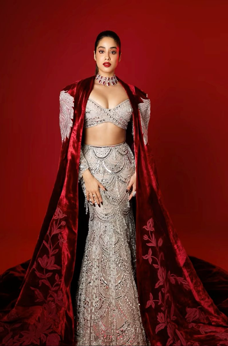 Janhvi Kapoor in our Velvet Cape Champagne Fish-cut Embellishments Lehenga Set