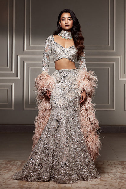 Champagne Fish-cut Embellishments Lehenga Set
