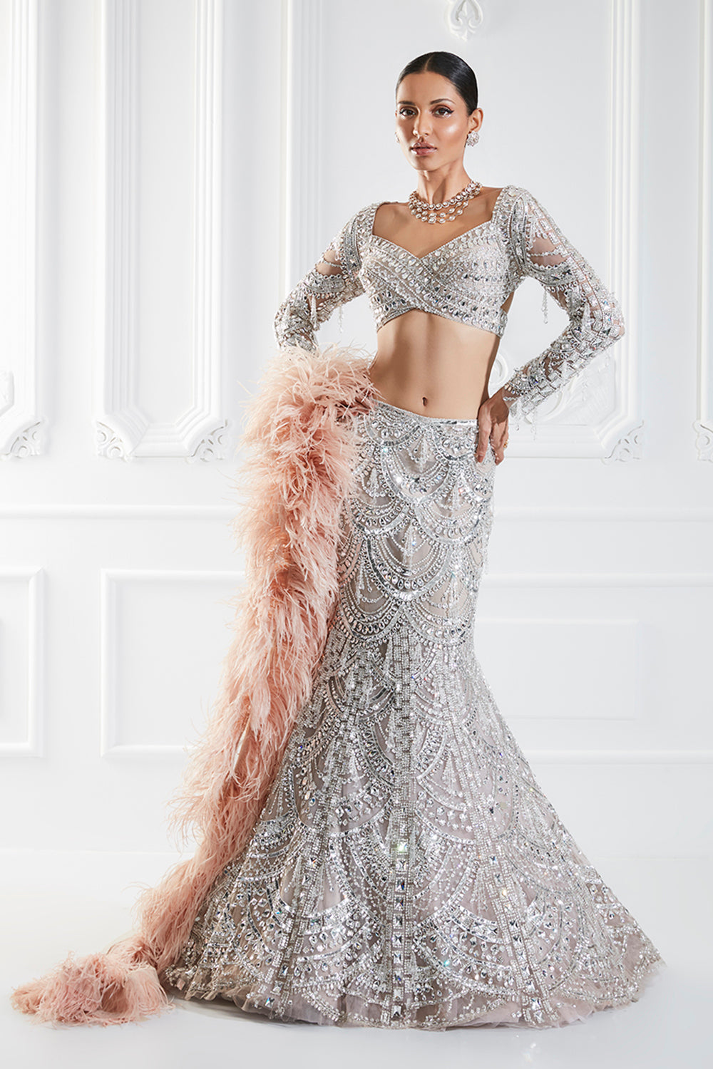 Champagne Fish-cut Embellishments Lehenga Set