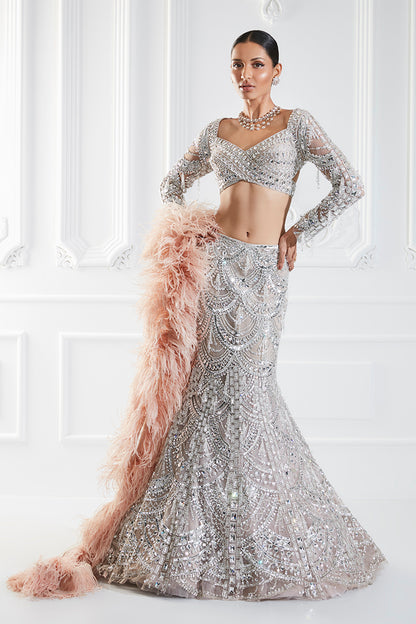 Champagne Fish-cut Embellishments Lehenga Set