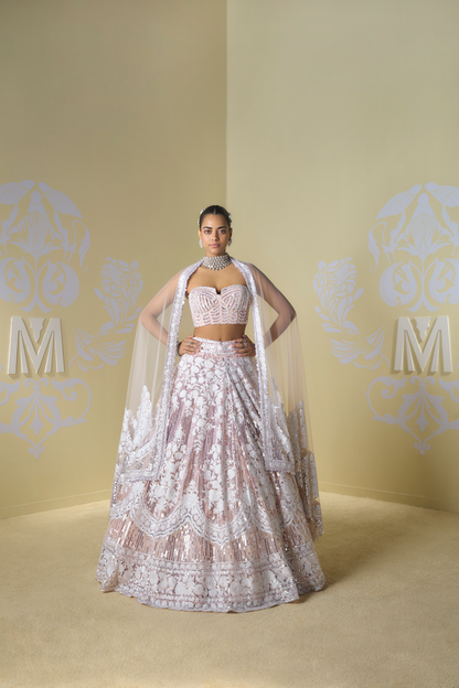 Peach Sequins Striped Kashmiri Lehenga Set