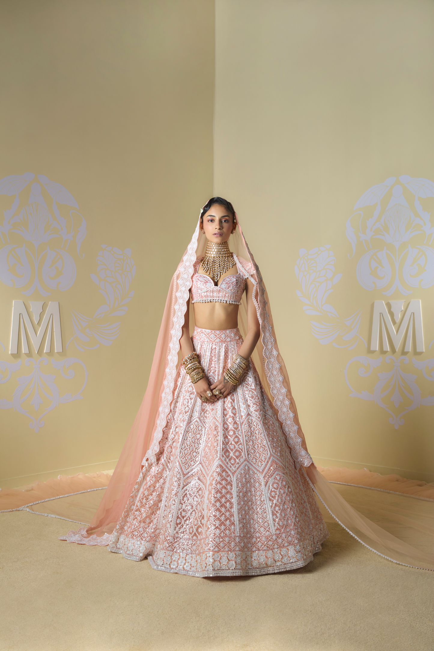 Peach and Ivory Geometric Embroidered Lehenga Set
