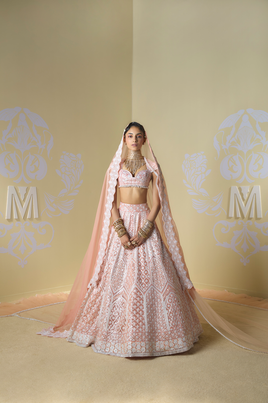 Peach and Ivory Geometric Embroidered Lehenga Set