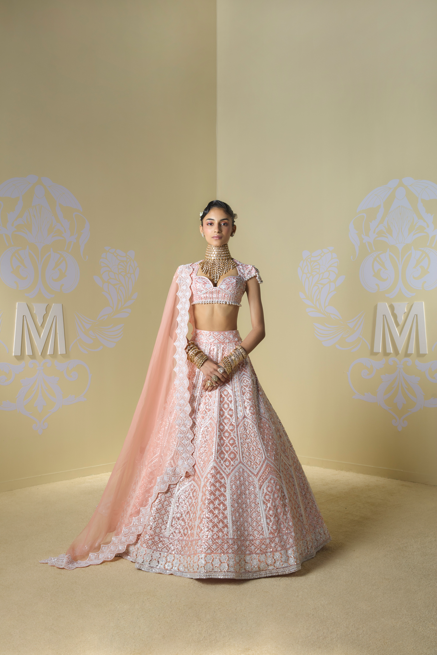 Peach and Ivory Geometric Embroidered Lehenga Set