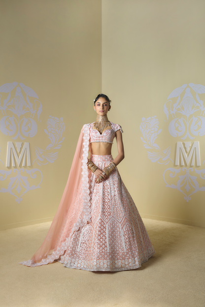 Peach and Ivory Geometric Embroidered Lehenga Set